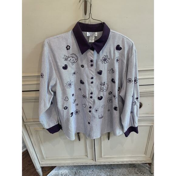 Vintage 80s Collared Purple Cat Theme Button Up Petite‎ XL READ - Picture 1 of 7